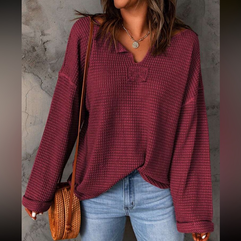 Cozy Waffle Knit Notched Neck Long Sleeve Top - Picture 2 of 7